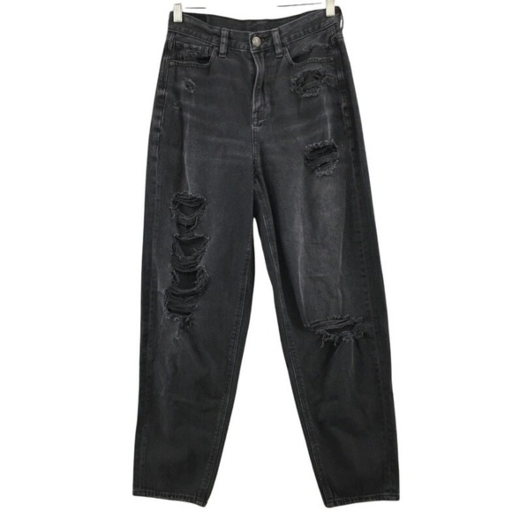 American Eagle Jeans Womens Size 2 Mom Jean Black Destroyed Ripped High Rise - Picture 1 of 12